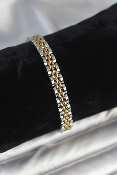 316L Çelik 7 mm Kalınlıkta Gold ve Gümüş Renkli Erkek Bileklik - TJ-EB3766 ürün görseli 1