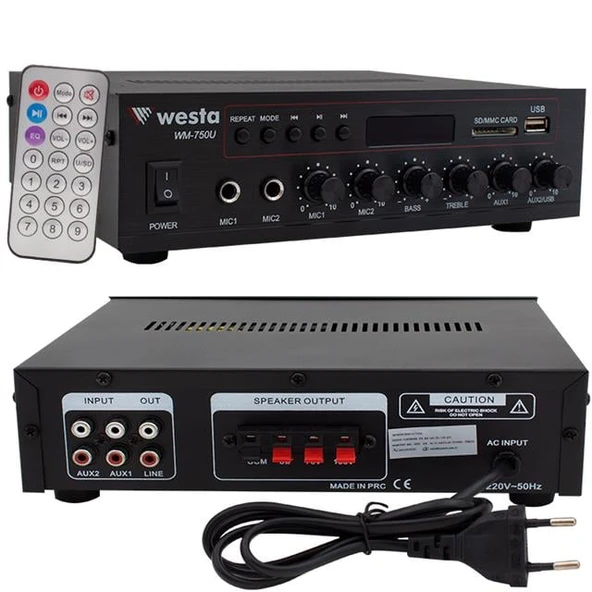 Westa WM-750U 80 Watt 100V-70V Mini 4-16 Ohm USB-SD-Bluetooth 2 Mikrofon Girişli Trafolu Anfi - Resim 3