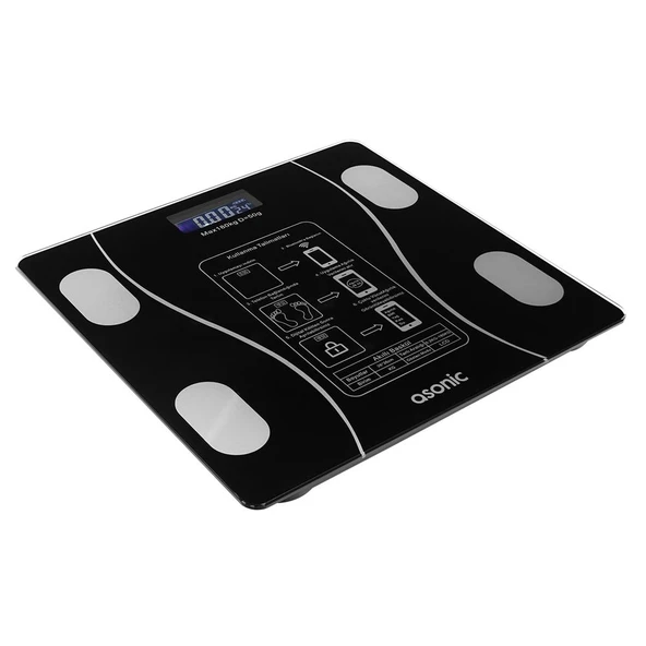 Asonic BS260 Siyah 2-AAA Pil Dijital Bluetooth Baskül (Sensör-Temperli Cam-Otomatik Sıfırlama) ürün görseli 1