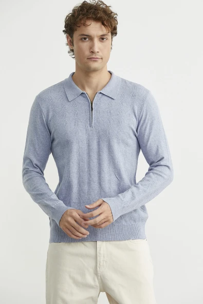 Fermuarlı Polo Yaka Triko Kazak - Mavi - Resim 2