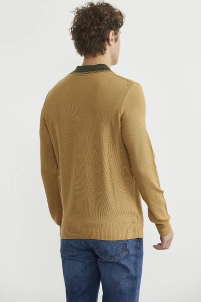 Polo Yaka Yünlü Triko Kazak - Kamel - Resim 5