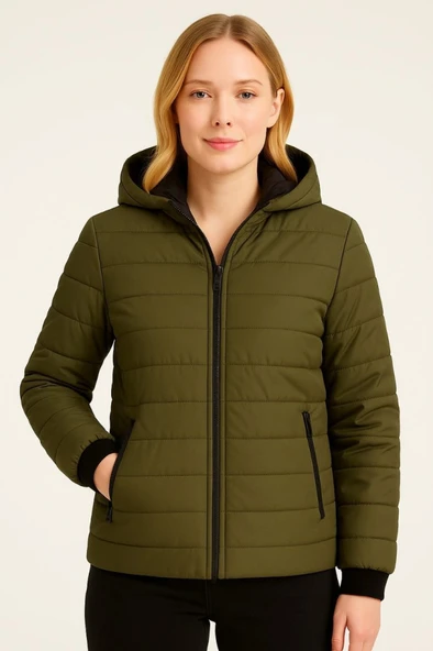 Şişme Kapüşonlu Fermuarlı Mont Su Itici Kapitone Astarlı Kumaş Cepli Kışlık Rahat Kalıp - Haki - Resim 3