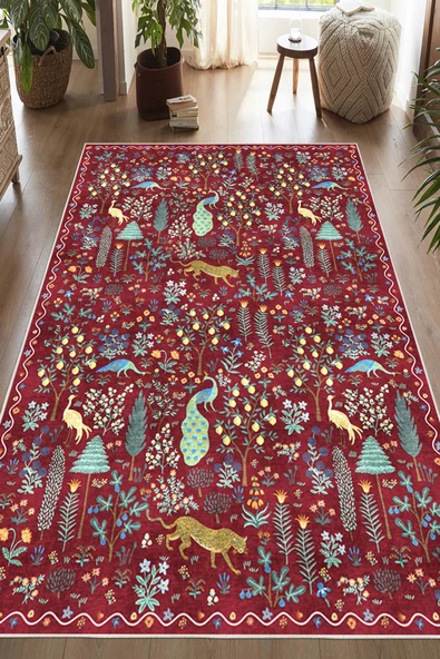 Dijital Baskılı Modern Desenli Renkli Kaymaz Taban Yıkanabilir Halı 60 x 300 cm Bordo ürün görseli 1