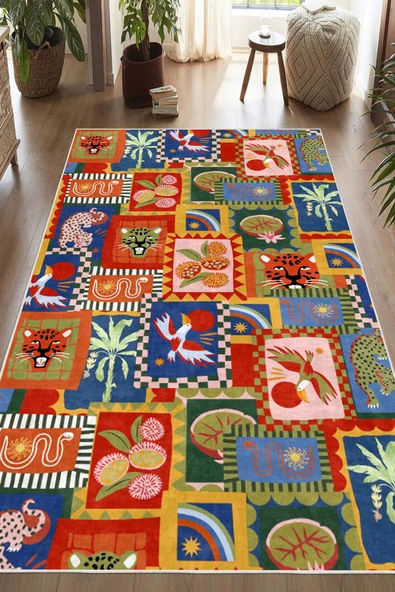 Dijital Baskılı Modern Hayvan Desenli Çok Renkli Kaymaz Taban Yıkanabilir Halı 160 x 250 cm Çok Renkli - Resim 2