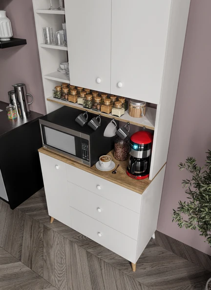 Stella Kahve Köşesi Dolabı Aytaşı Beyaz-Meşe 90cm, Erzak Dolabı, Kiler Dolabı - Resim 3