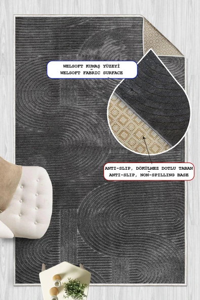 Yumuşak Dokulu İskandinav Dekoratif Kaymaz Taban Yıkanabilir Yolluk Antre Hol Halısı Salon Halısı 80 x 300 cm Antrasit - Resim 3