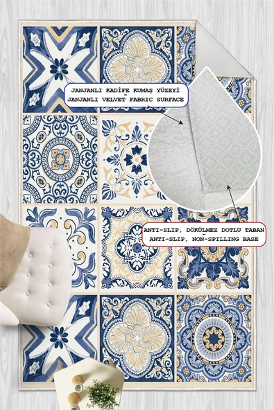 Dijital Baskılı Mavi Çini Desenli Kaymaz Taban Yıkanabilir Halı 120 x 300 cm Mavi - Resim 4