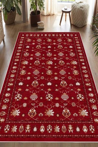 Dijital Baskılı Renkli Kilim Desenli Kaymaz Taban Yıkanabilir Halı 160 x 250 cm Bordo ürün görseli 1