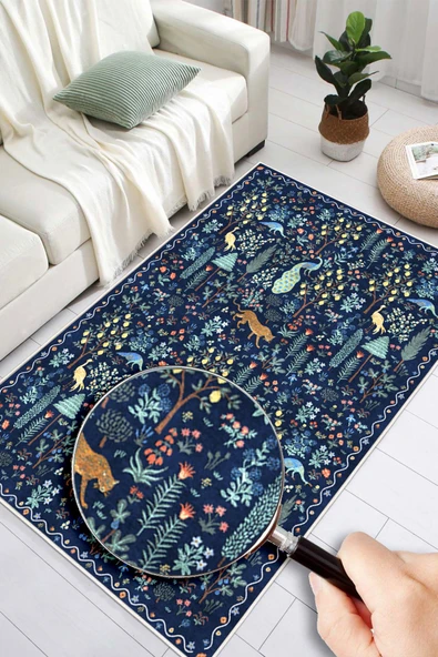 Dijital Baskılı Modern Desenli Renkli Kaymaz Taban Yıkanabilir Halı 120 x 300 cm Lacivert - Resim 3