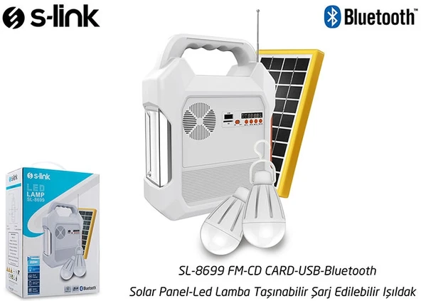 S-Link SL-8699 FM-CD Card-USB-Bluetooth Solar Panel-Led Lamba Taşınabilir Şarj Edilebilir Işıldak - Resim 4