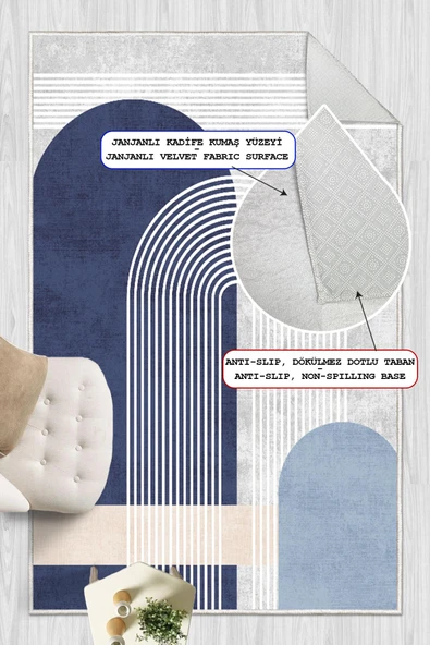 Dijital Baskılı Modern Desenli Kaymaz Taban Yıkanabilir Mavi Halı 120 x 300 cm Mavi - Resim 4