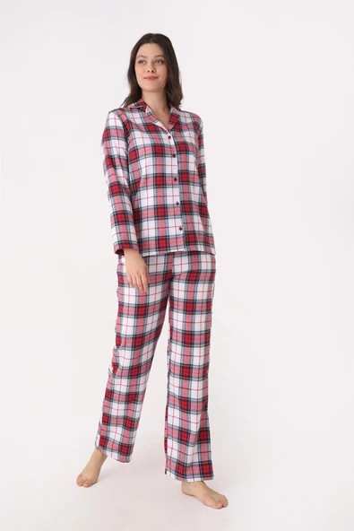 Kırmızı Önden Düğmeli Ekose Pijama Takımı - Resim 2