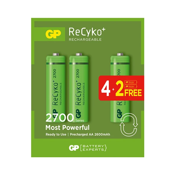 GP RECYKO 2600 MAH AA KALEM 6'LI ŞARJLI PİL 4+2 PAKET FİYATI ürün görseli 1