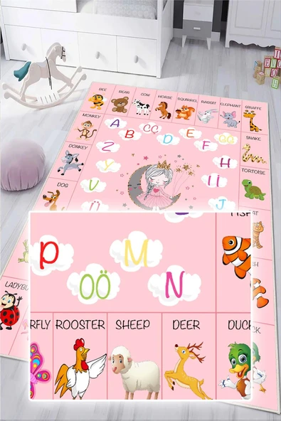 Dijital Baskılı Dekoratif Kaymaz Taban Yıkanabilir Alfabe Temalı Eğitici ve Öğretici Çocuk Halısı Pembe 80 x 150 cm - Resim 11