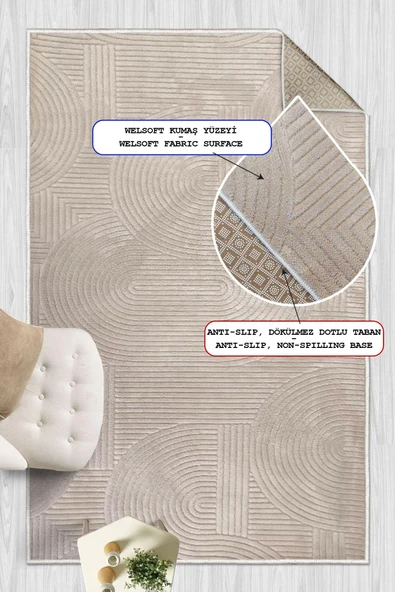 Yumuşak Dokulu İskandinav Dekoratif Kaymaz Taban Yıkanabilir Yolluk Antre Hol Halısı Salon Halısı 80 x 400 cm Krem - Resim 2