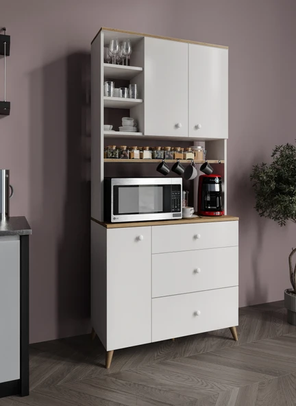 Stella Kahve Köşesi Dolabı Aytaşı Beyaz-Meşe 90cm, Erzak Dolabı, Kiler Dolabı ürün görseli 1