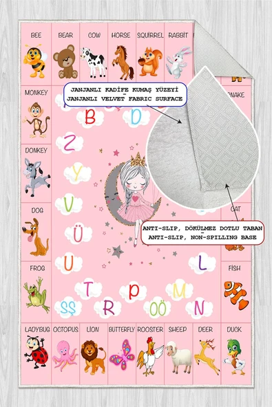 Dijital Baskılı Dekoratif Kaymaz Taban Yıkanabilir Alfabe Temalı Eğitici ve Öğretici Çocuk Halısı Pembe 80 x 500 cm - Resim 8