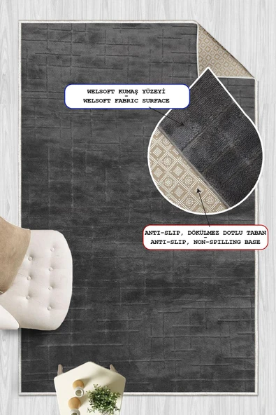 Yumuşak Dokulu İskandinav Dekoratif Kaymaz Taban Yıkanabilir Yolluk Antre Hol Halısı Salon Halısı 160 x 230 cm Antrasit - Resim 2