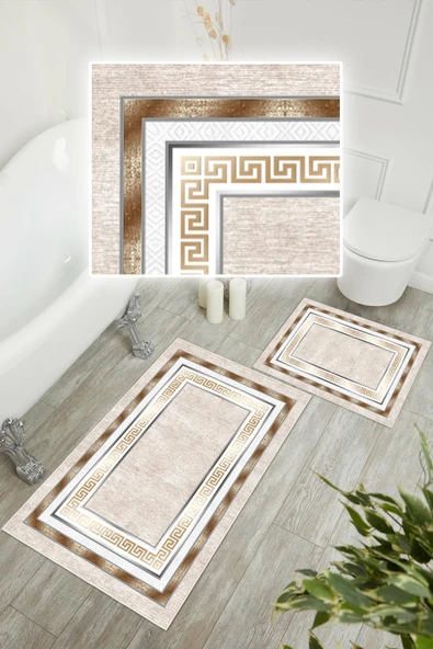 Dijital Baskı Çerçeve Desenli Kaymaz Taban 2li Set Banyo Paspası Klozet Takımı (50x60cm-60x100cm) Krem Tek Ebat - Resim 3