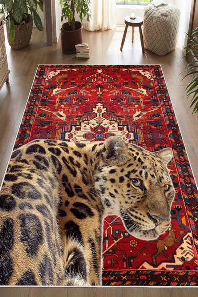 Bordo Etnik Desenli Leopar Figürlü Yıkanabilir Kaymaz Halı  160 x 250 cm Bordo ürün görseli 1