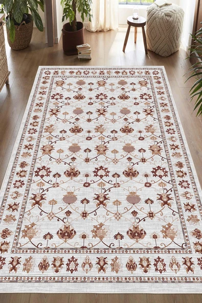 Dijital Baskılı Renkli Kilim Desenli Kaymaz Taban Yıkanabilir Halı 80 x 150 cm Gri ürün görseli 1