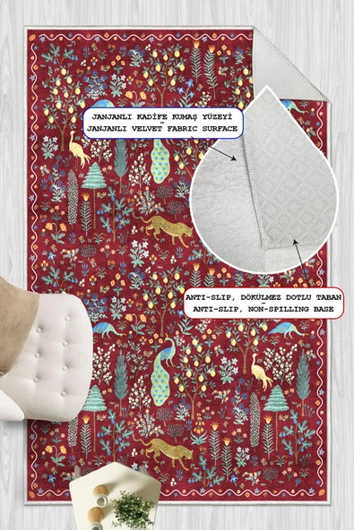 Dijital Baskılı Modern Desenli Renkli Kaymaz Taban Yıkanabilir Halı 80 x 200 cm Bordo - Resim 4
