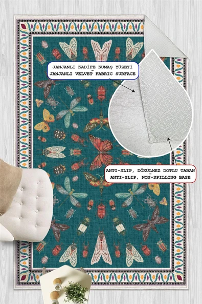 Dijital Baskılı Renkli Kelebek Desenli  Kaymaz Taban Yıkanabilir Halı 120 x 300 cm Yeşil - Resim 3