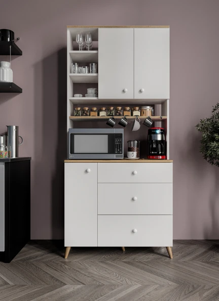 Stella Kahve Köşesi Dolabı Aytaşı Beyaz-Meşe 90cm, Erzak Dolabı, Kiler Dolabı - Resim 2