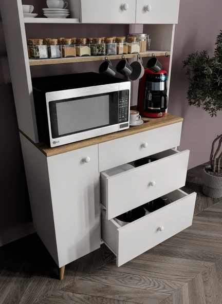 Stella Kahve Köşesi Dolabı Aytaşı Beyaz-Meşe 90cm, Erzak Dolabı, Kiler Dolabı - Resim 4