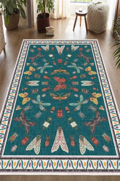 Dijital Baskılı Renkli Kelebek Desenli  Kaymaz Taban Yıkanabilir Halı 120 x 180 cm Yeşil - Resim 2