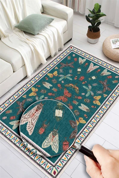 Dijital Baskılı Renkli Kelebek Desenli  Kaymaz Taban Yıkanabilir Halı 120 x 180 cm Yeşil - Resim 4