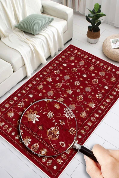 Dijital Baskılı Renkli Kilim Desenli Kaymaz Taban Yıkanabilir Halı 120 x 180 cm Bordo - Resim 3