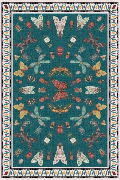 Dijital Baskılı Renkli Kelebek Desenli  Kaymaz Taban Yıkanabilir Halı 120 x 300 cm Yeşil ürün görseli 1