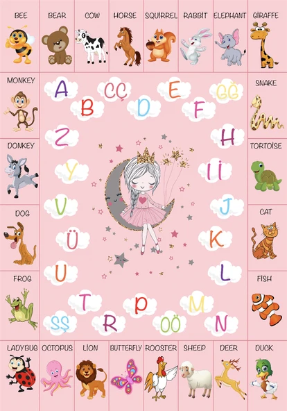 Dijital Baskılı Dekoratif Kaymaz Taban Yıkanabilir Alfabe Temalı Eğitici ve Öğretici Çocuk Halısı Pembe 80 x 500 cm - Resim 2