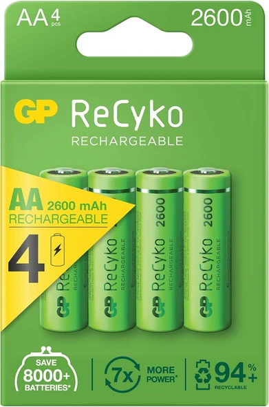 GP RECYKO 2600 MAH AA KALEM 4'LÜ ŞARJLI PİL ürün görseli 1