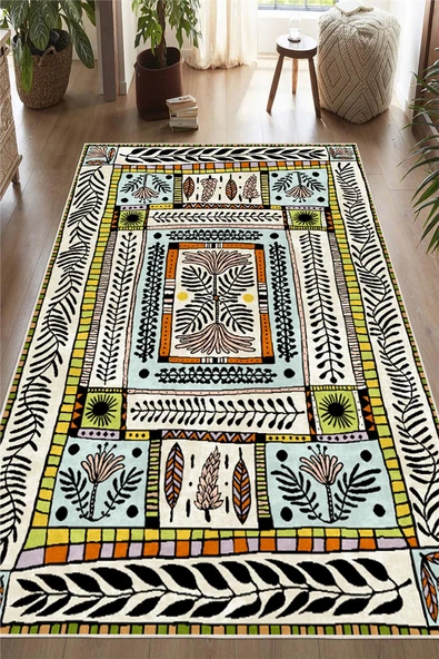 Dijital Baskılı Renkli Çiçek Motifli Kaymaz Taban Yıkanabilir Halı 60 x 200 cm Çok Renkli - Resim 2