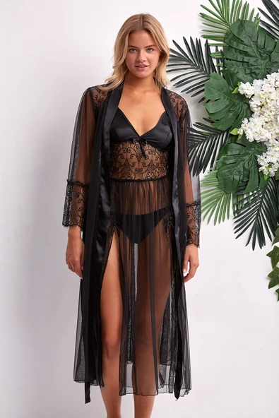 Siyah Transparan Gecelik Sabahlık Takım ürün görseli 1