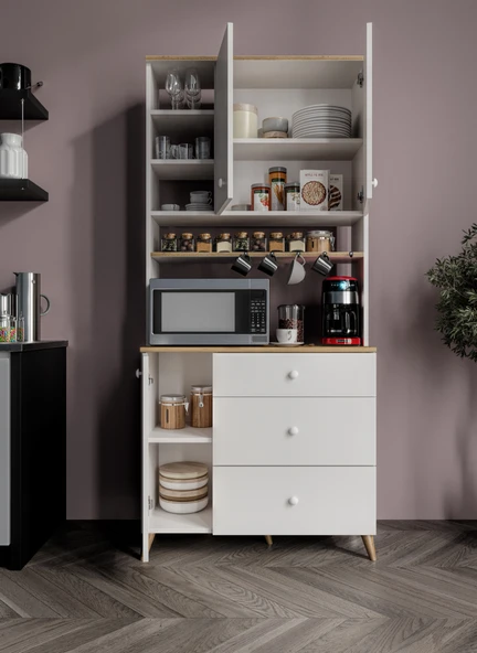 Stella Kahve Köşesi Dolabı Aytaşı Beyaz-Meşe 90cm, Erzak Dolabı, Kiler Dolabı - Resim 5