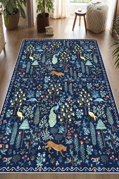 Dijital Baskılı Modern Desenli Renkli Kaymaz Taban Yıkanabilir Halı 100 x 250 cm Lacivert ürün görseli 1