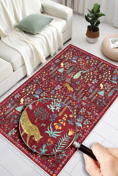 Dijital Baskılı Modern Desenli Renkli Kaymaz Taban Yıkanabilir Halı 120 x 200 cm Bordo - Resim 3