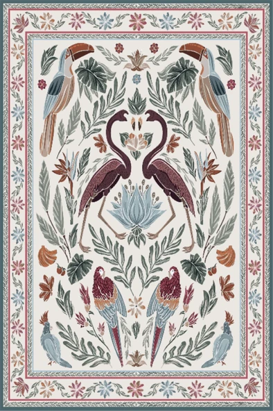Dijital Baskılı Renkli Flamingo Desenli  Kaymaz Taban Yıkanabilir Halı Çok Renkli 200 x 400 cm ürün görseli 1
