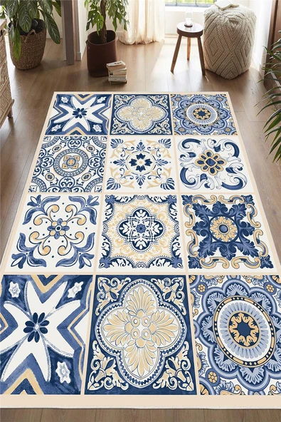 Dijital Baskılı Mavi Çini Desenli Kaymaz Taban Yıkanabilir Halı Mavi 100 x 150 cm ürün görseli 1