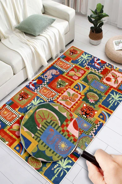 Dijital Baskılı Modern Hayvan Desenli Çok Renkli Kaymaz Taban Yıkanabilir Halı Çok Renkli 100 x 500 cm - Resim 4
