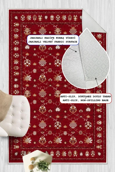 Dijital Baskılı Renkli Kilim Desenli Kaymaz Taban Yıkanabilir Halı 60 x 150 cm Bordo - Resim 4