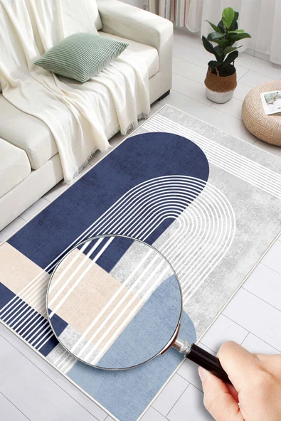 Dijital Baskılı Modern Desenli Kaymaz Taban Yıkanabilir Mavi Halı Mavi 60 x 250 cm - Resim 3