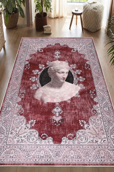 Antik Büst Desenli Bordo Kaymaz Taban Yıkanabilir Halı 100 x 400 cm Bordo ürün görseli 1