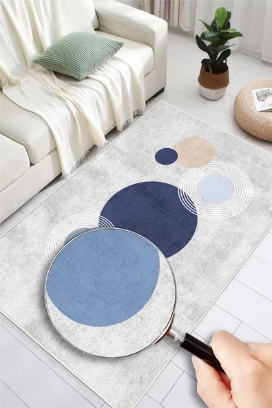 Dijital Baskılı Modern Desenli Mavi Kaymaz Taban Yıkanabilir Halı Mavi 80 x 400 cm - Resim 3