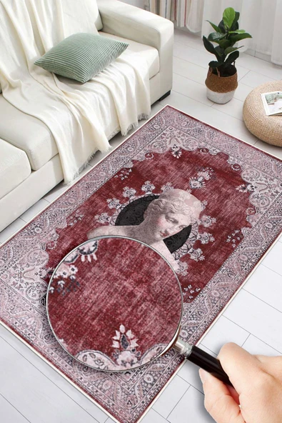 Antik Büst Desenli Bordo Kaymaz Taban Yıkanabilir Halı 100 x 400 cm Bordo - Resim 2