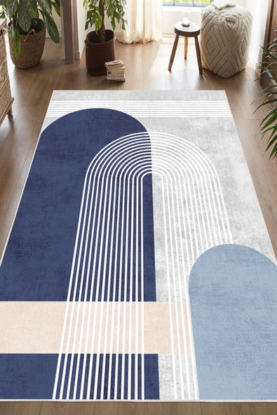 Dijital Baskılı Modern Desenli Kaymaz Taban Yıkanabilir Mavi Halı Mavi 160 x 200 cm - Resim 2