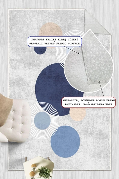 Dijital Baskılı Modern Desenli Mavi Kaymaz Taban Yıkanabilir Halı Mavi 80 x 400 cm - Resim 4